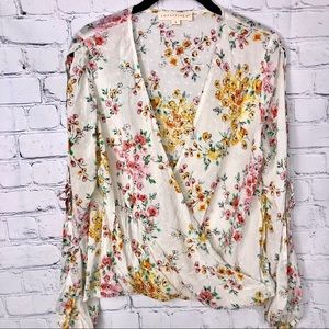 lovestitch White Floral Wrap Blouse with Pink and Yellow Blooms